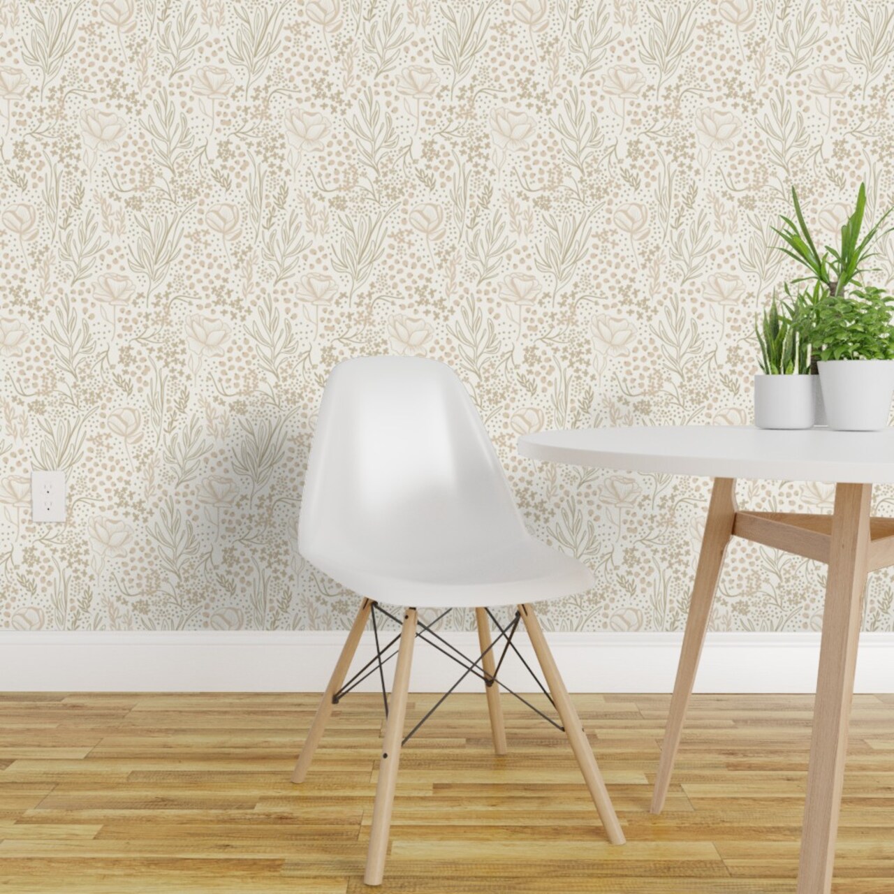 Peel & Stick Wallpaper 2FT Wide Neutral Flowers Ditsy Beige Floral Hand Drawn Line Art Custom Removable Wallpaper by Spoonflower